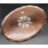 Arts & Crafts era copper hammered tray, detailed with pewter flower design inlay. Marked DG. [
