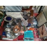 Lot of silver plated ware includes cutlery sets etc .