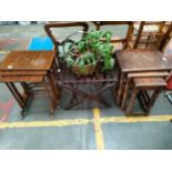 2 vintage nest of tables , vintage folding garden table together with jelly pan with plant