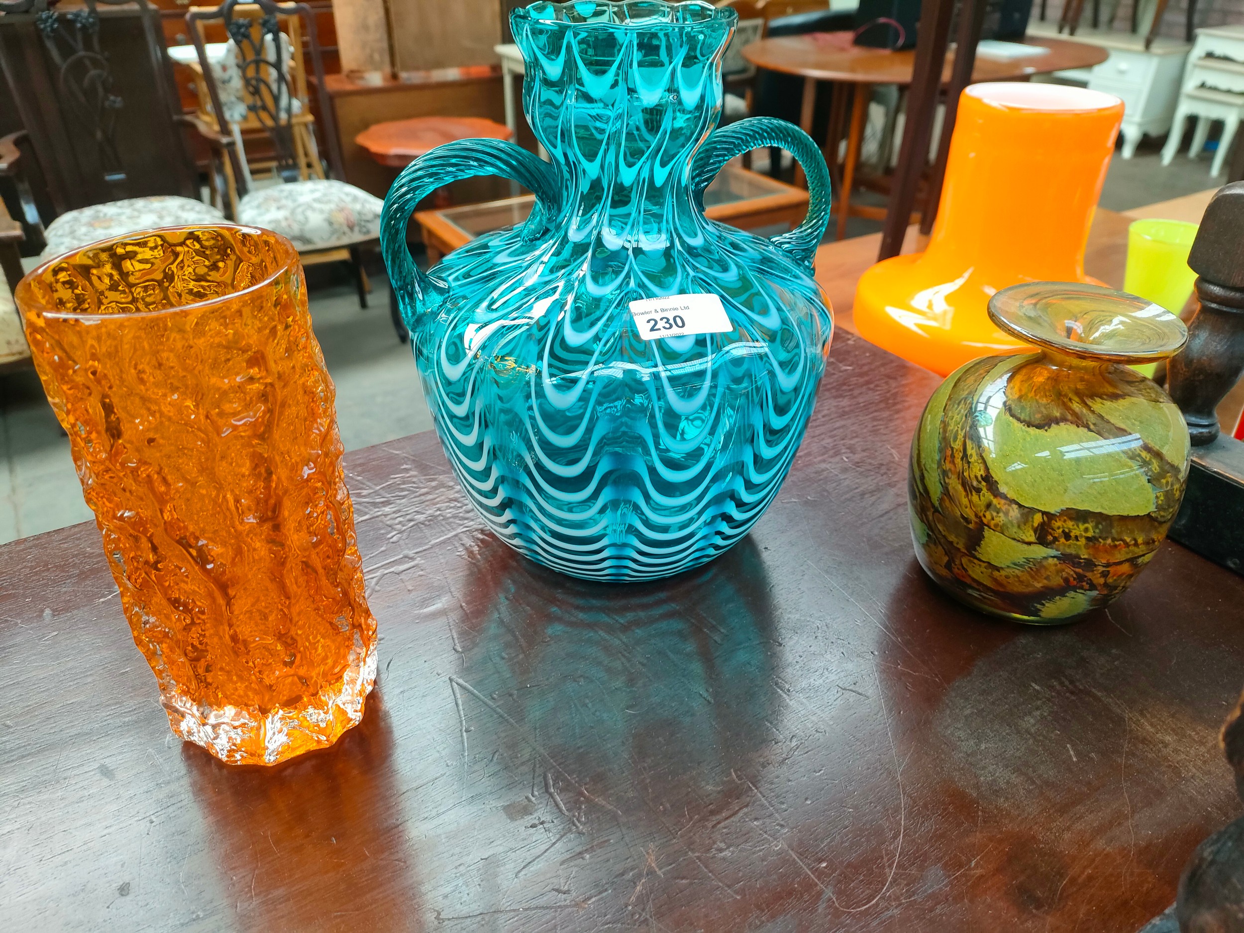 White Friars Orange vase , Large Fenton double handled glass vase together with Murano glass vase