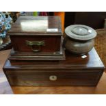 Antique writing slope with ink pots along with 2 boxes