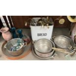 Collection of copper pans, enamel bread bin, murano glass vases and wall lights etc