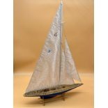 Small hand built yacht sailing boat with wooden stand. [67x47cm]