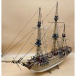 Large Hand built Galleon ship fitted with rigging. Comes with wooden stand. [63x80cm]