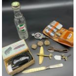 A Collection of odds to include Vintage motor car Castrol motor oil glass bottle, Three vintage