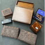 A Lot of collectable wooden boxes and writing slope. Includes Chinese highly carved box,