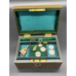 Small antique leather jewel box and contents. Includes various silver coins, Oris ladies wrist