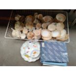 Box of tea wares together with Royal Worcester cheese dishes
