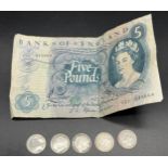 Bank of England Five Pound bank note together with silver Victorian and George V Coins.