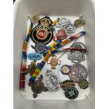 Collection of pin badges and military bars. Includes Royal Army Medical corp cap badge.