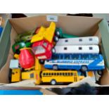 Box of playworn bus vehicles etc