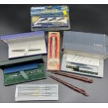 A Lot of Foutain pens and ball points. Includes Parker 88 Laque Green fountain pen with box,