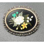 Antique 800 grade silver Pietra Dura flower design brooch. [5x4cm]