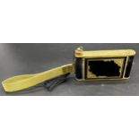 Vintage Camera shaped ladies compact case. Black/ gilt metal design. Fitted with cigarette dispenser