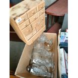 Box of vintage glass wares together with small wooden storage chest