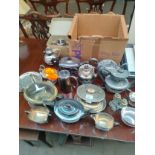 Large lot of silver plated ware includes muffin style preserve dish etc