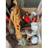 Box of mixed porcelain to include geisha figures, art glass fish, oriental vases and horse figures.