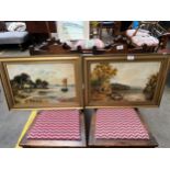 Two antique oil paintings on canvas, both depicting river scenes. Both fitted within gilt frames.