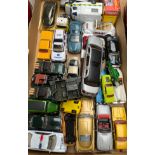 Tray of collectable playworn car models and vehicles.