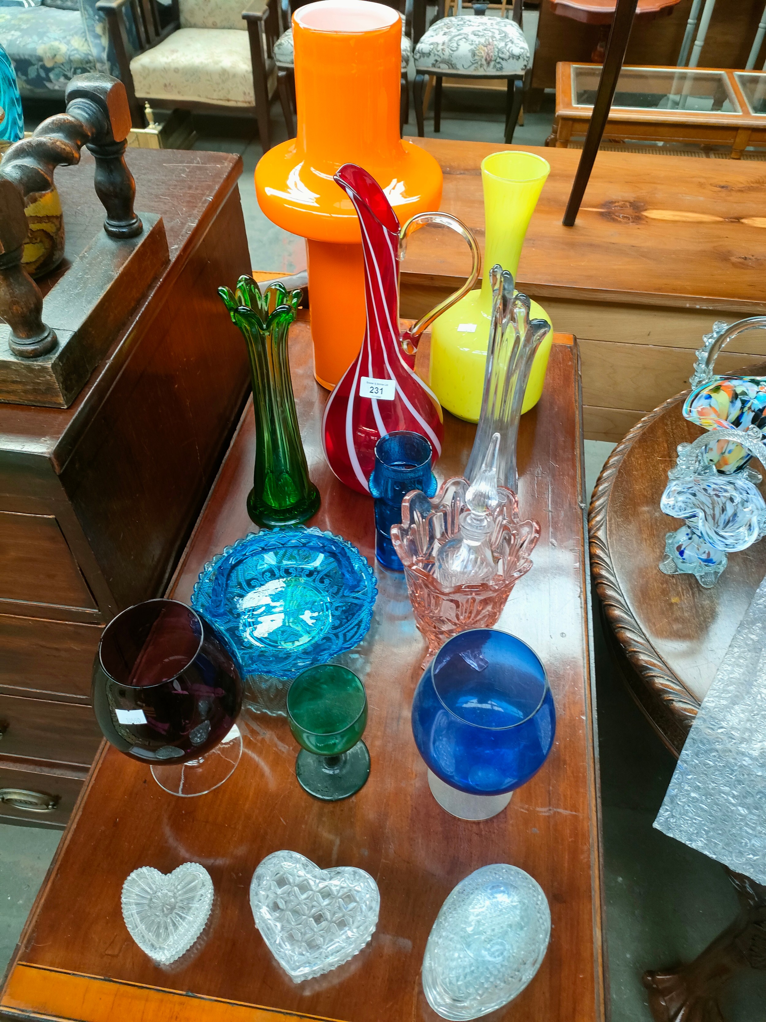 Large Lot of Various Art Glass vases , Large Fentons style jug together with glass trinkets etc