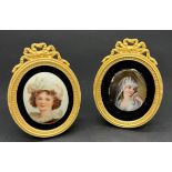 Two antique German printed enamel plaques depicting portraits of women within gilded frames. [8cm