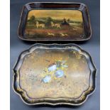 Two 19th century serving trays. Papier Mache lacquered and mother of pearl serving tray. Together