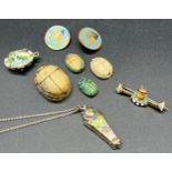 A Collection of antique Egyptian revival jewellery. Includes 14ct gold and enamel pharaoh brooch,