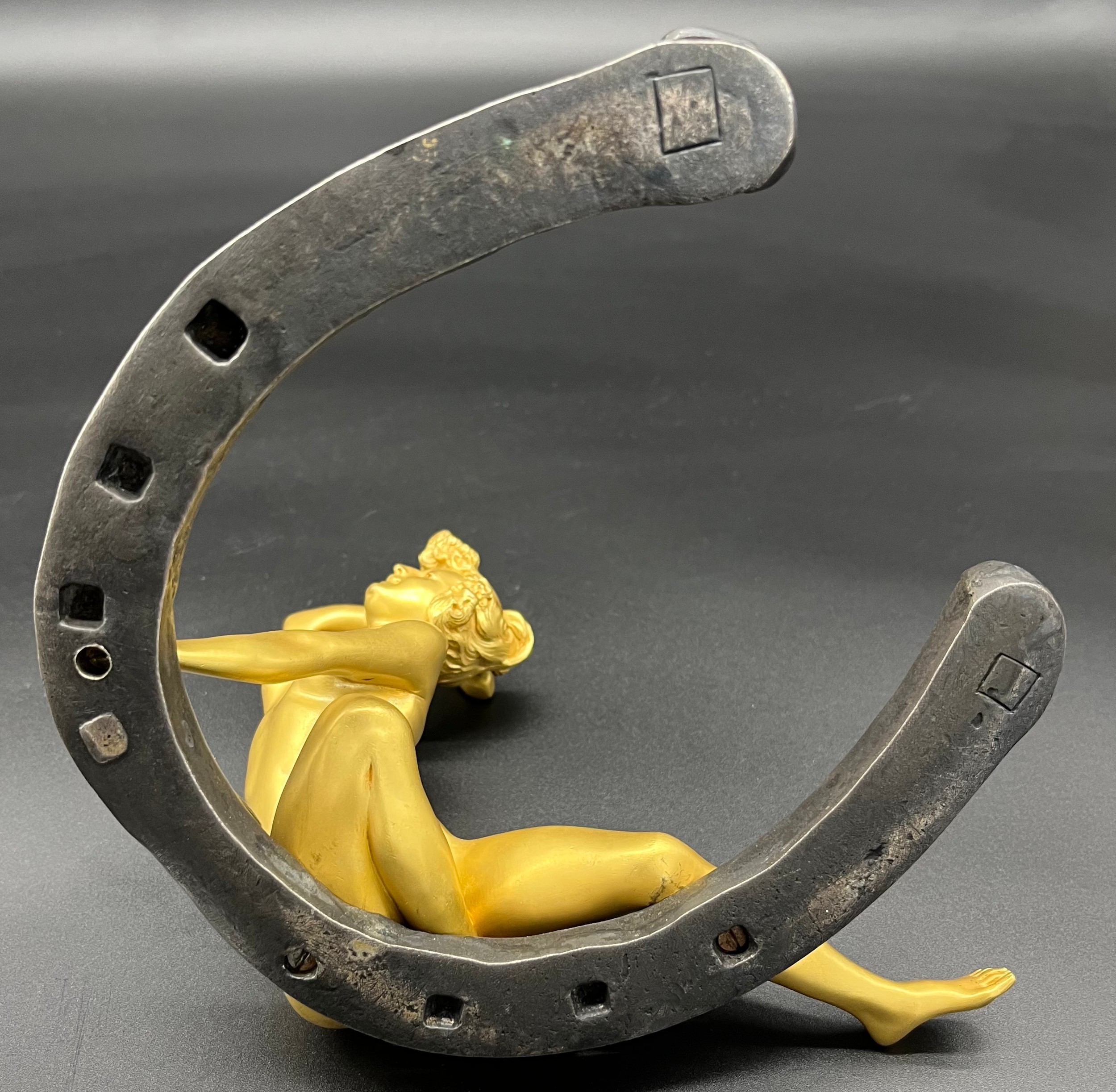 Art Nouveau Nude lady gilt bronze on horseshoe hammering a nail, signed Recipon. The bronze is - Image 6 of 6