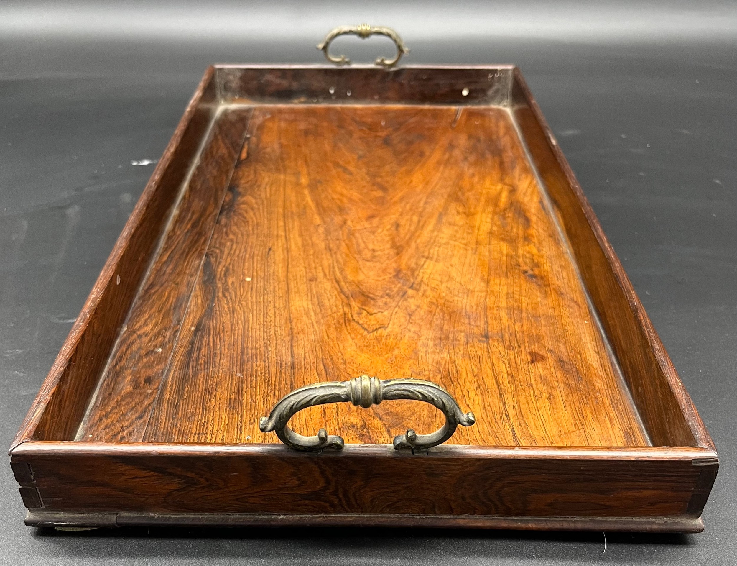 19th century wood and double brass handle serving tray. [47x26cm] - Image 2 of 2