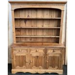 Large antique style pine kitchen dresser. [Separates into two pieces] [204x153x45cm]