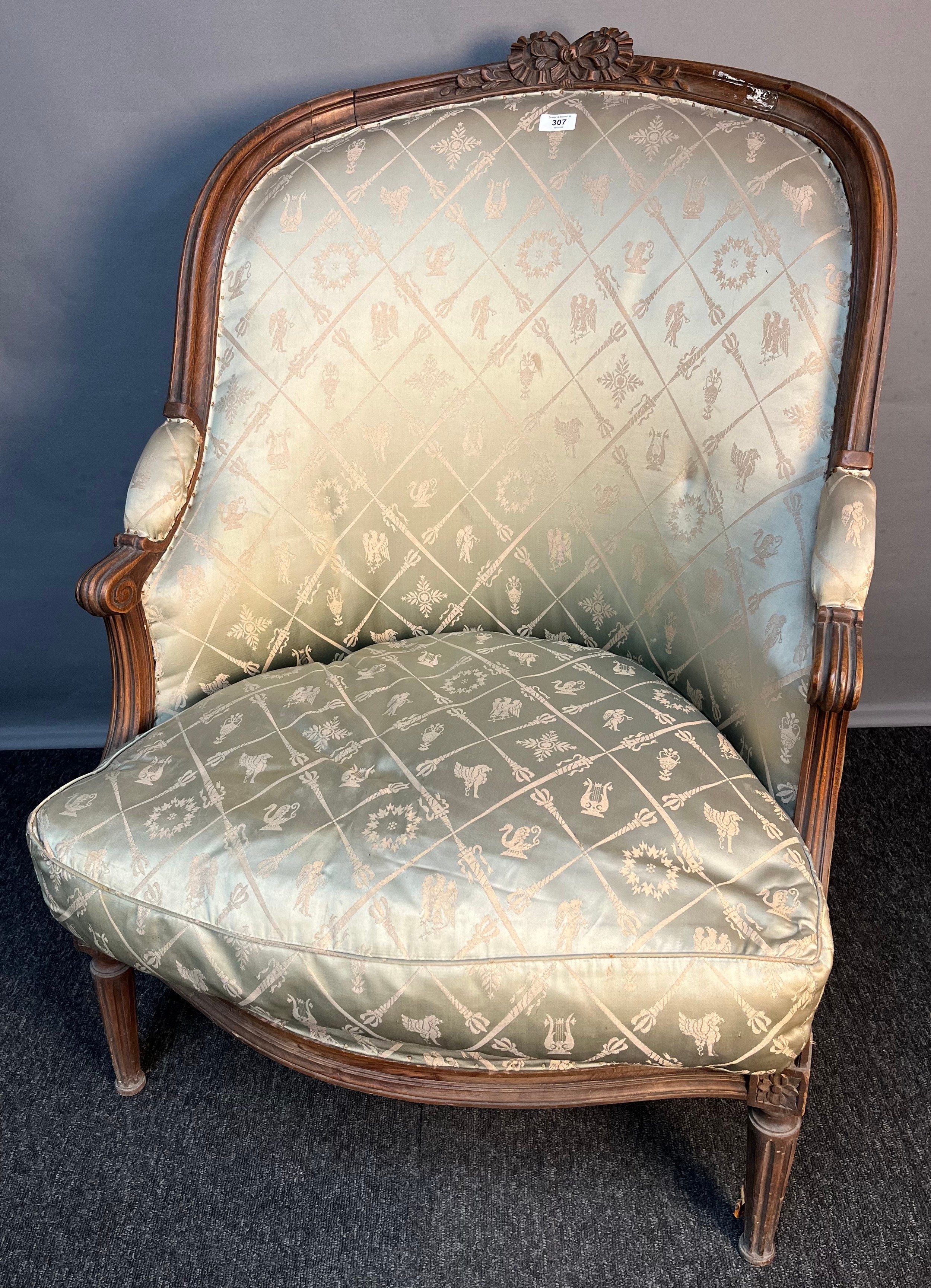 20th century French bedroom chair, the shaped back above scroll arms and cushioned seat raised on