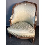 20th century French bedroom chair, the shaped back above scroll arms and cushioned seat raised on