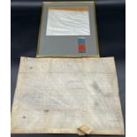 17th century document written on pig skin, Together with a framed hand written document with seal