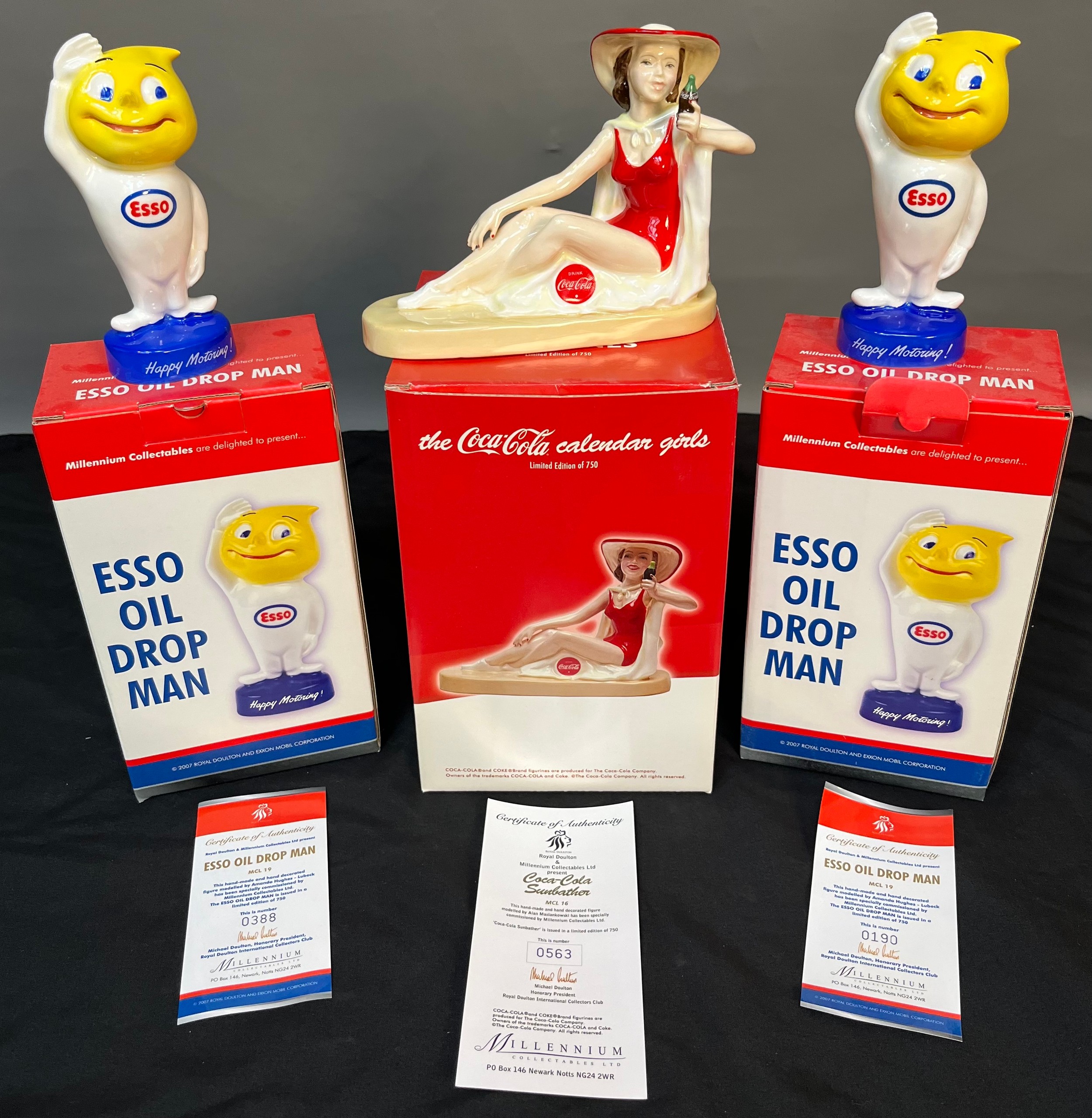 Three Limited Edition Royal Doulton Advertising figures. Two Esso oil drop man and Coca- Cola