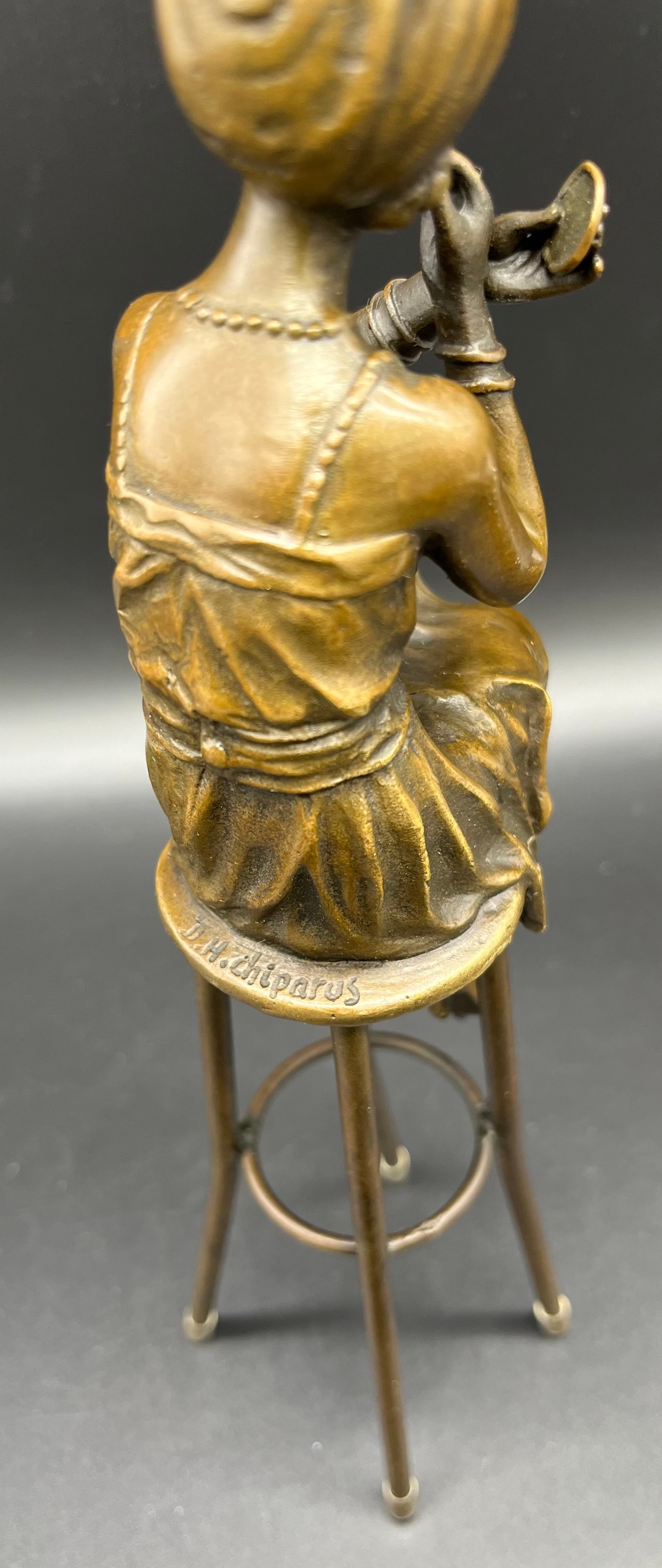 Bronze Statue of an Art Nouveau lady seated on a stool, Signed D.H. Chiparus. [27cm high] - Image 3 of 4