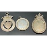 Three antique silver medallion pendants. Two Glasgow silver hallmarked. 'Buchanan Arms Hotel'