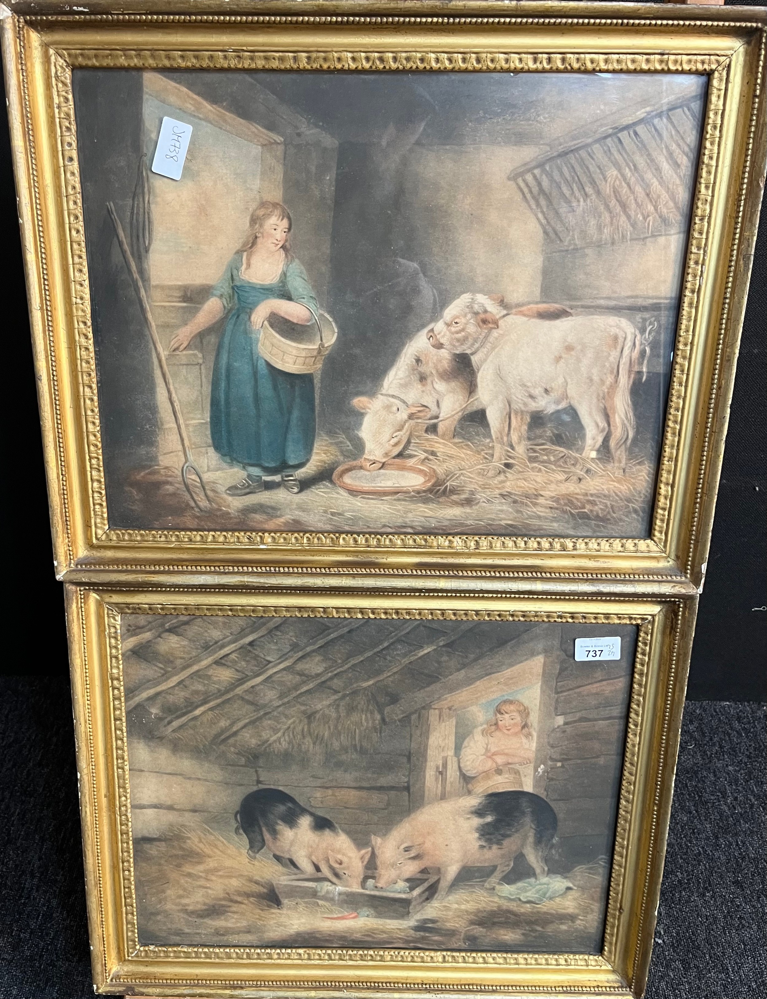 Two 18th/ 19th century coloured engravings depicting a lady attending to the livestock. Both