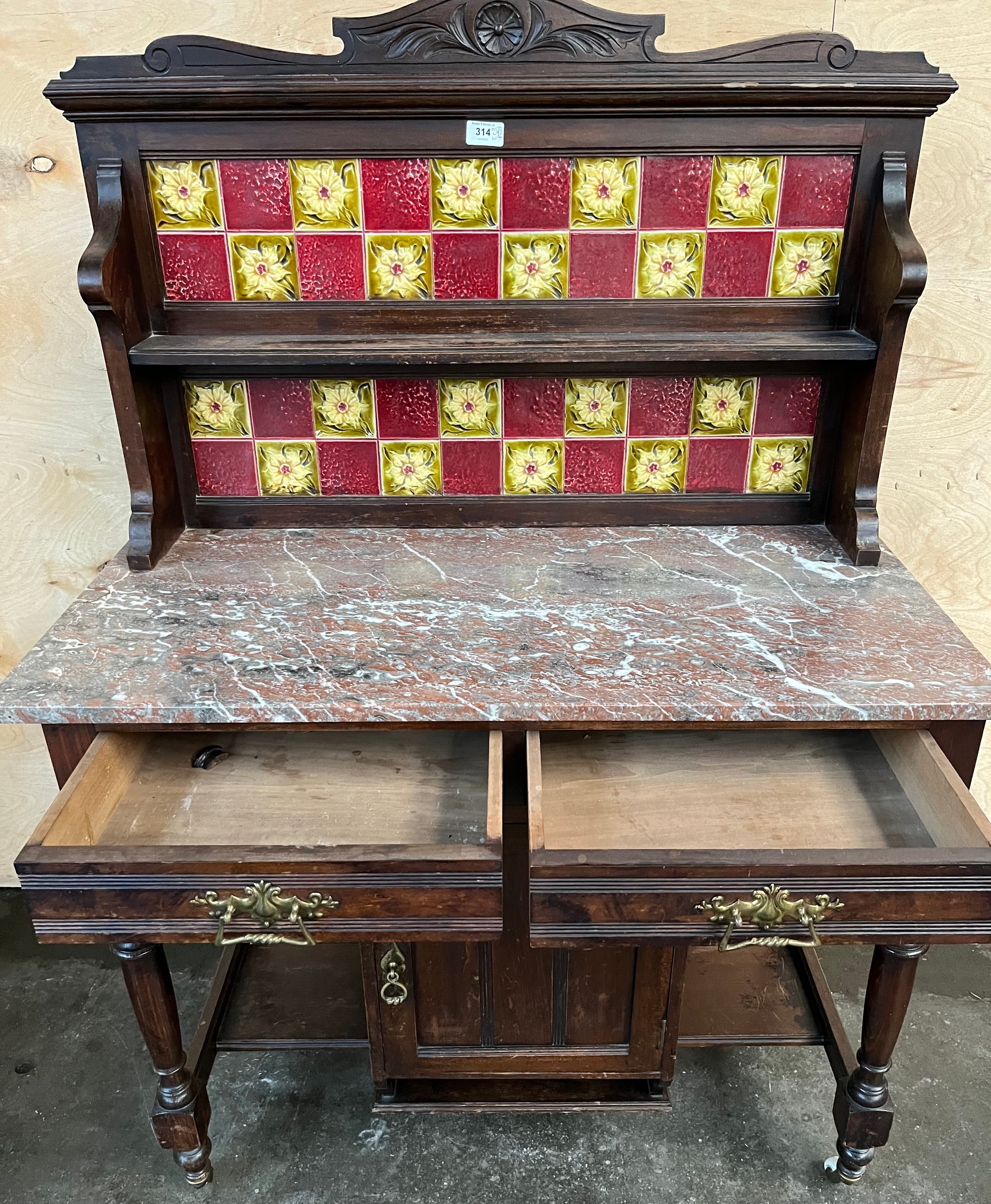 Antique washstand, the art nouveau themed tile back with open shelf above a marble surface, two - Image 3 of 3