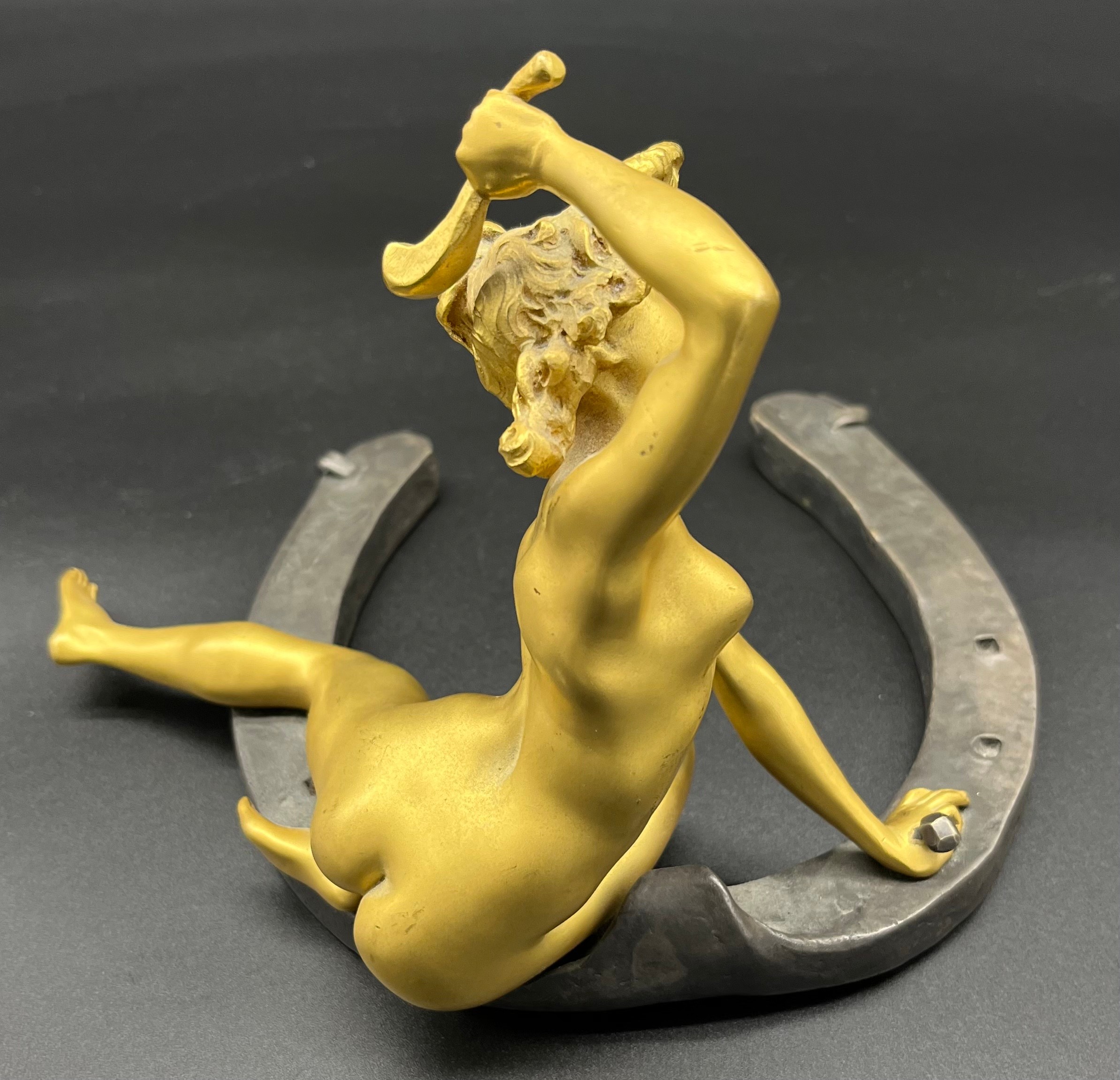 Art Nouveau Nude lady gilt bronze on horseshoe hammering a nail, signed Recipon. The bronze is - Image 5 of 6