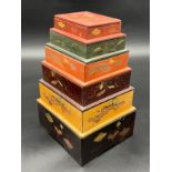 Antique Japanese lacquered and hand painted stacking storage spice box. [23cm high] [Lid been