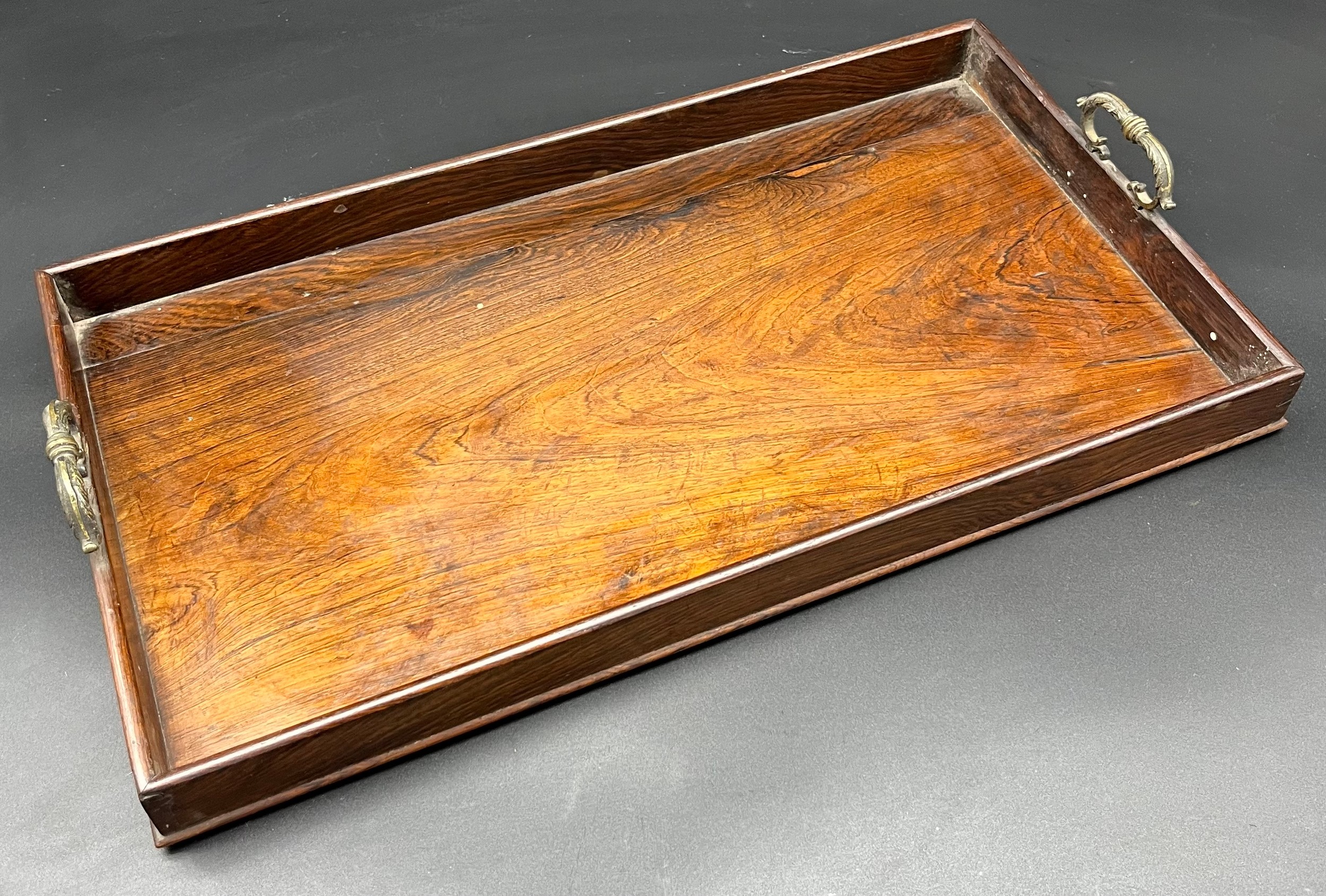 19th century wood and double brass handle serving tray. [47x26cm]