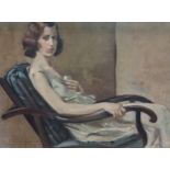 Oil on canvas depicting portrait of a women in a lounge chair. On the reverse side is a life