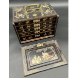 Antique Chinese Mahjong game fitted within an ornate carry case, each panel depicting various