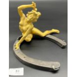 Art Nouveau Nude lady gilt bronze on horseshoe hammering a nail, signed Recipon. The bronze is