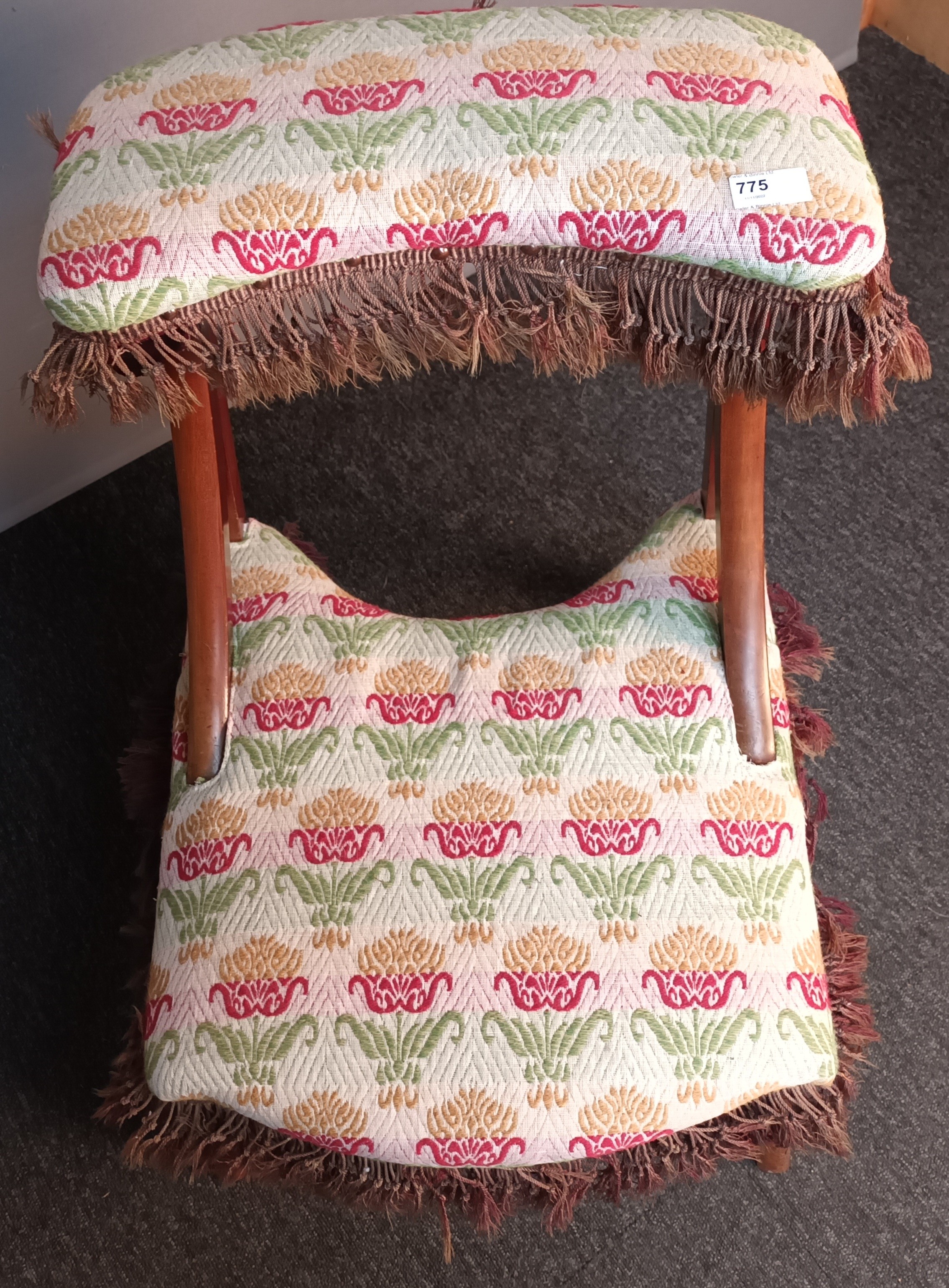 19th century prayer stool/ chair, upholstered in a floral material with brown fringe, raised on - Image 3 of 4