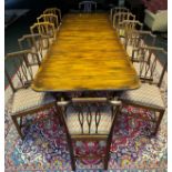 Large antique Mahoghany William Tillman style dining room table, three leaves, two pedestal