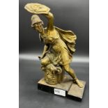 Antique Heavy gold patina bronze woman warrior sat upon a wooden step base. [27cm high]