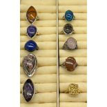 A Lot of 10 silver and gem stone rings. The lot includes Lapis Lazuli, agate, amber and Amethyst