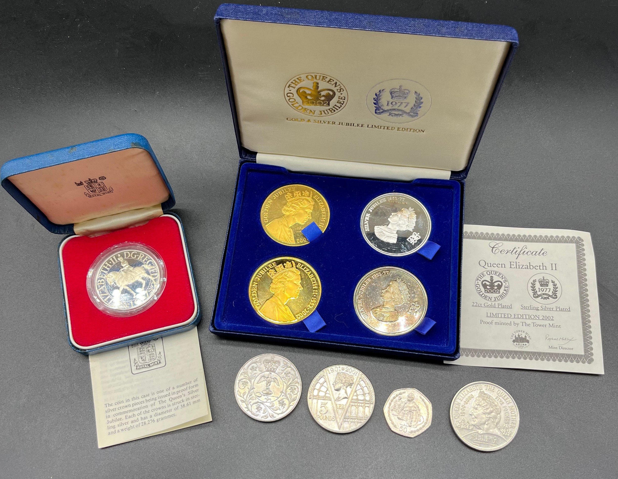 A Boxed Royal Mint Sterling silver crown, Boxed 'The Tower Mint' four piece coin set and four