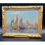 Paul Jobert (1863-1942) Original oil painting depicting river, sailing boats and harbour. Signed